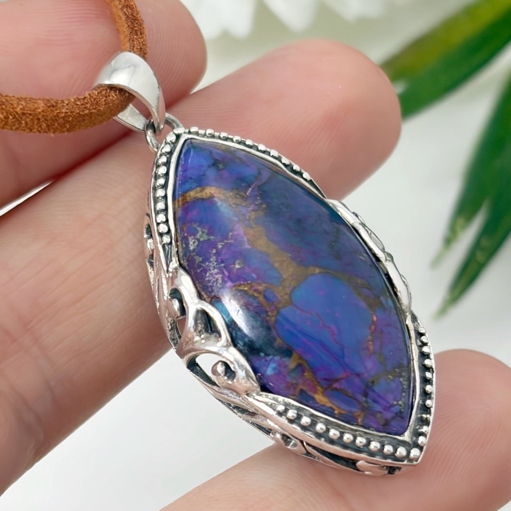 Vintage Sterling Silver 925 Purple Copper Turquoise Pendant Marquise Southwest